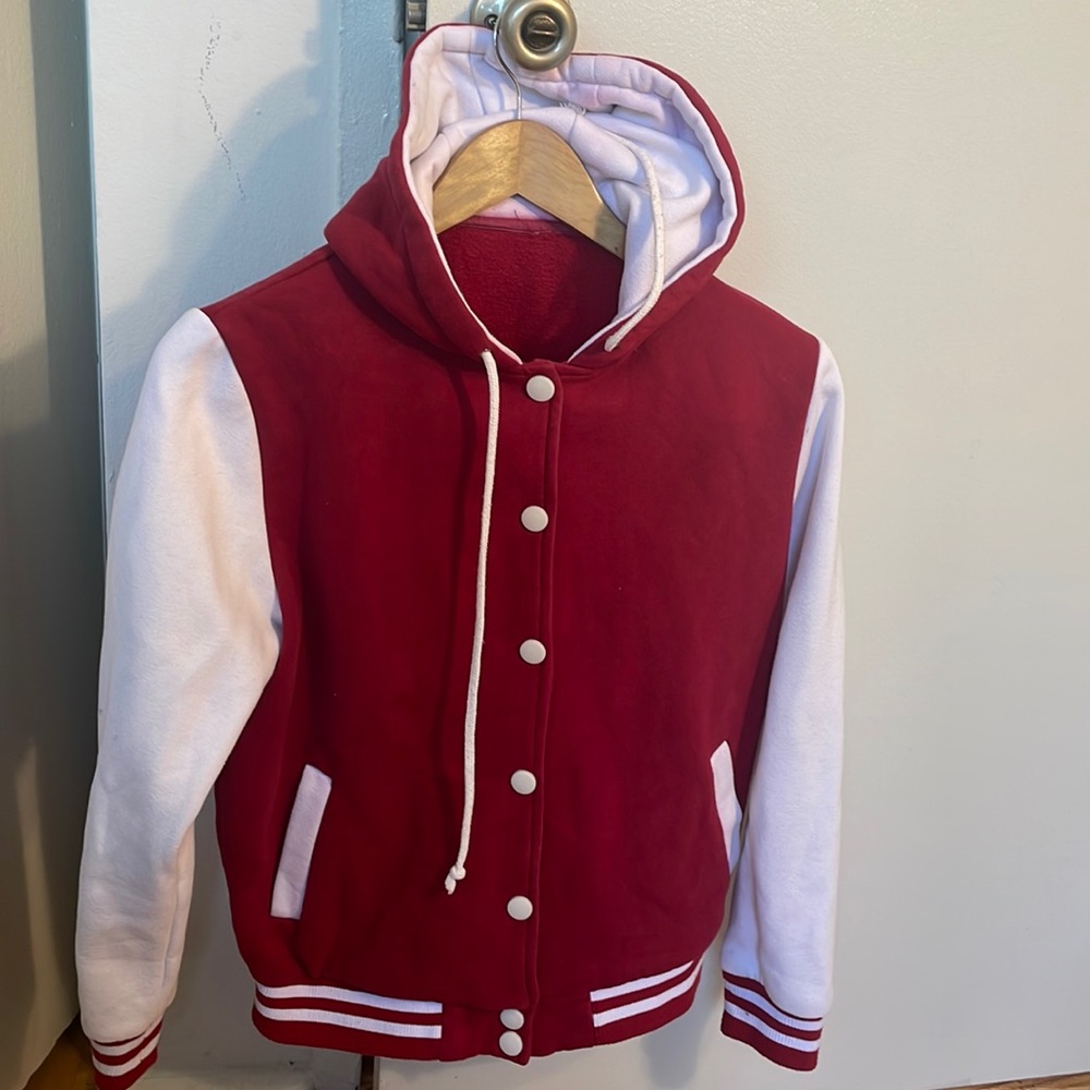 This is a medium red and white variety jacket from forever 21.